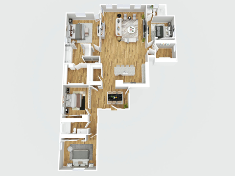 A floor plan of a house with a kitchen, living room, dining room, and two bedrooms.